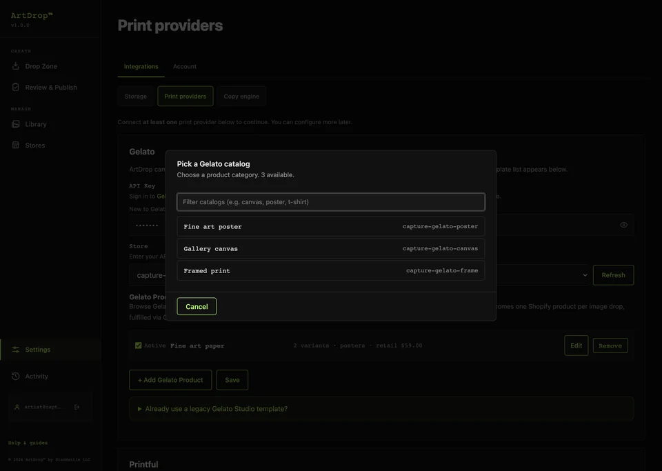 ArtDrop Gelato catalog picker for adding a supported print product