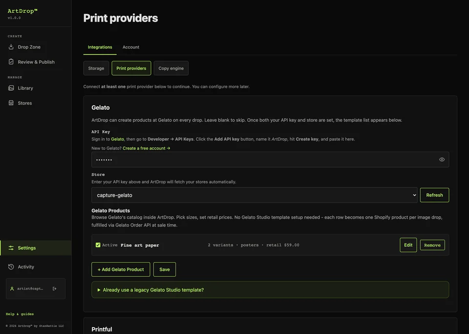 ArtDrop print-provider settings showing the connected Gelato route and configured products