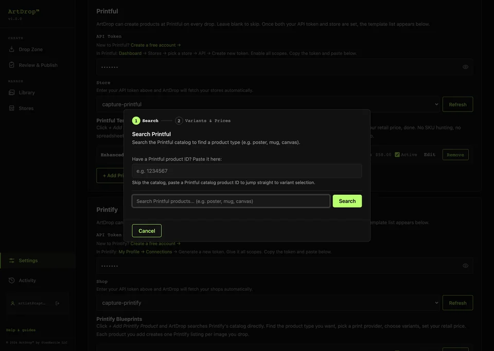 ArtDrop Printful product search dialog with quick product-ID and catalog-search paths