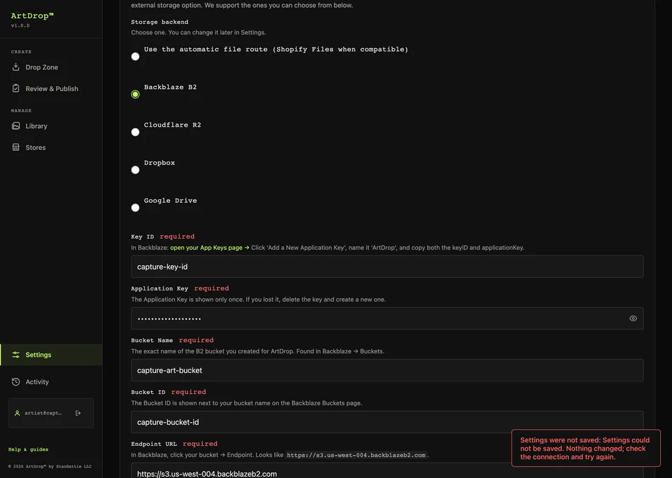 Configuración de ArtDrop que conserva el paso Storage tras una falla simulada y muestra un mensaje seguro para reintentar