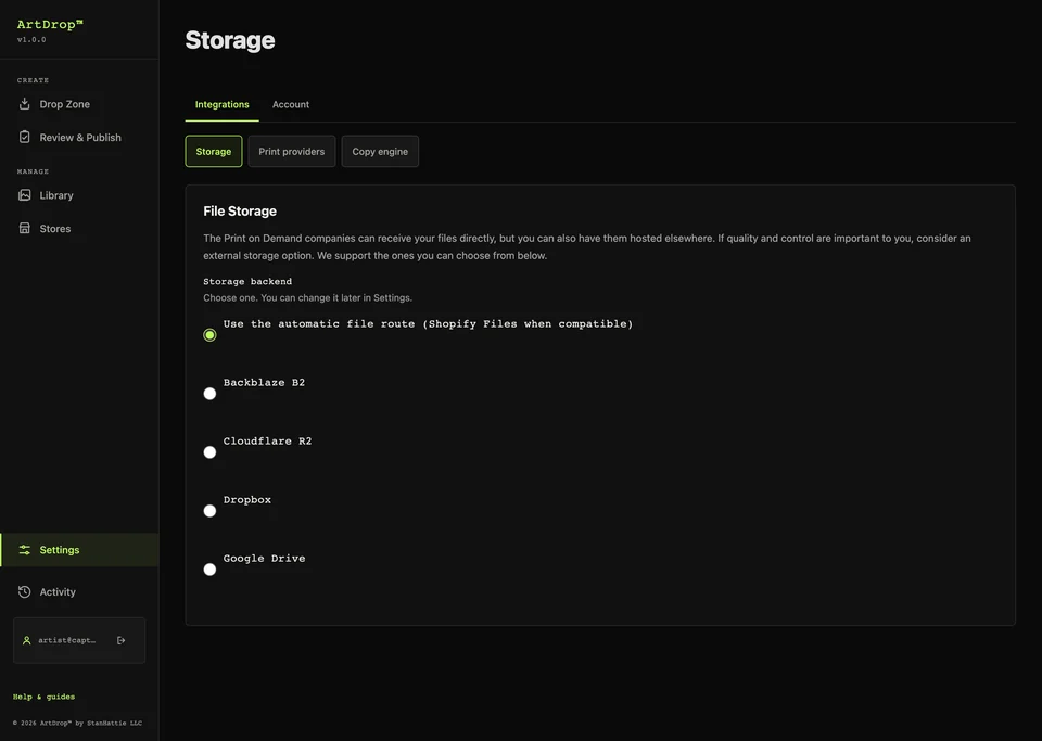 Configuración de almacenamiento de ArtDrop con opciones automática, Backblaze B2, Cloudflare R2, Dropbox y Google Drive