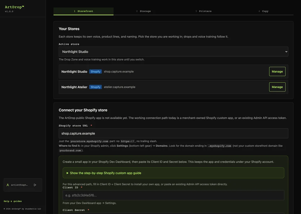 ArtDrop first-run setup showing the Shopify storefront connection step