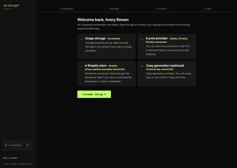 ArtDrop setup wizard showing the guided connection steps