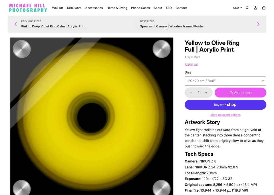 Un producto que ArtDrop creó, en vivo en la tienda pública de Shopify del artista, con título, precio, imagen, Historia de la obra y Ficha técnica.