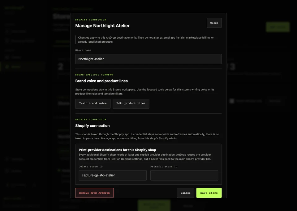 ArtDrop store editor showing Shopify publishing and print-provider routing
